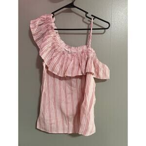 Blu Pepper One Shoulder Ruffle Striped Top – Pink & White – Size Large